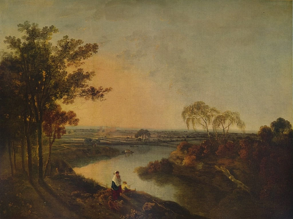 Un fiume inglese al tramonto, in lontananza le colline gallesi